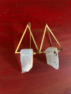 Geometric Gold Triangle Earrings with Raw White Agate